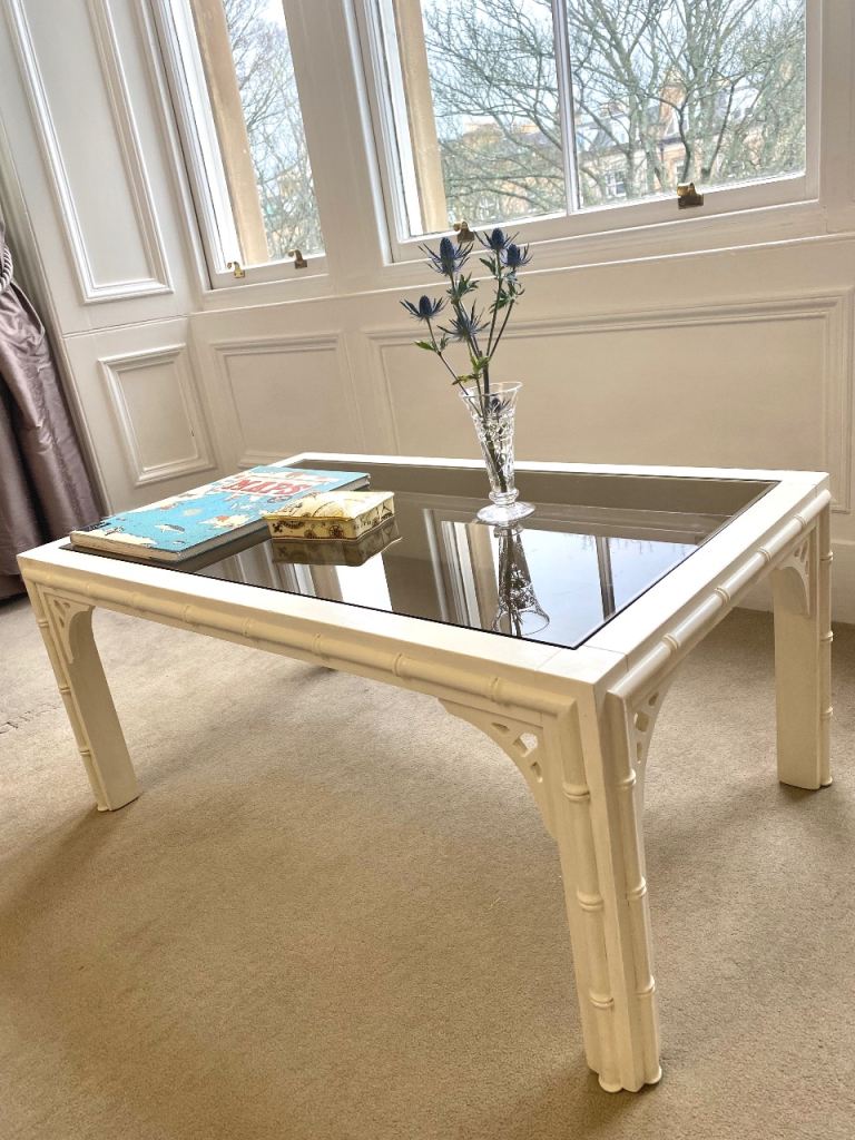 Solid Wood Coffee Table by William L MacLein Ltd Tinted Glass Top Cream Colour