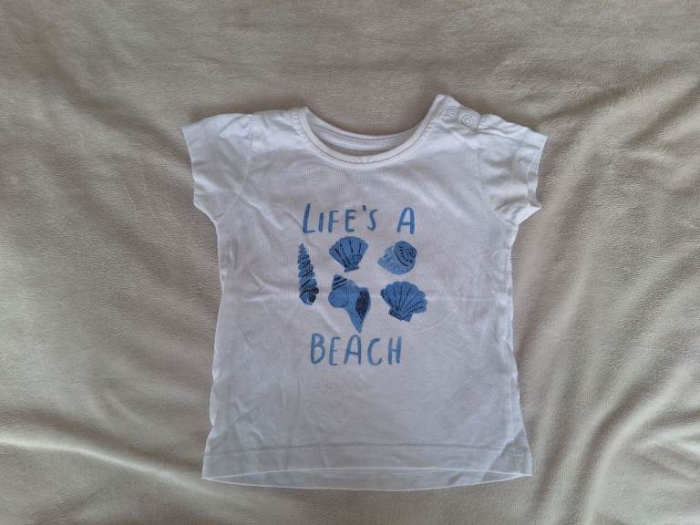White And Blue Life's A Beach Short Sleeved Tshirt Primark Size 3-6 Months 