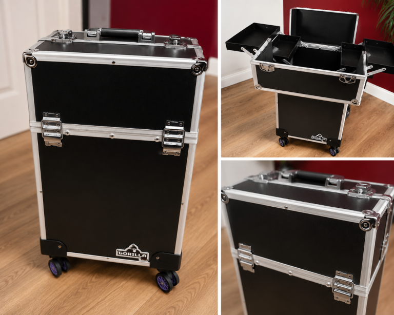 Gorilla Black Rolling Flight Case with Extendable Trays – Good Condition. COLLECTION ONLY