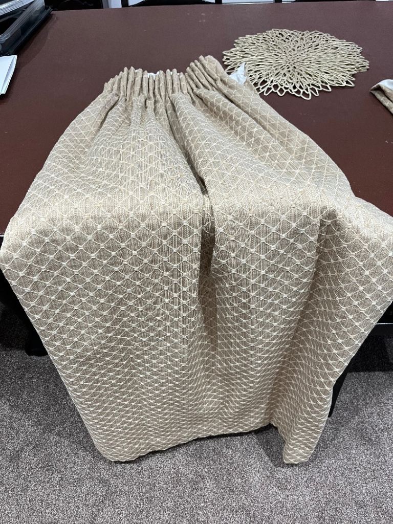 Two Pairs of Sandy Beige Patterned Curtains size 90 x 54 drop– Good Condition