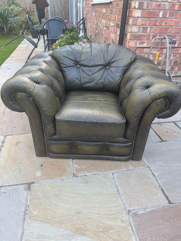 Chesterfield Armchair Vintage Olive Green Leather Deep Seat