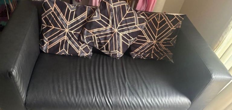 Black Faux Leather Sofa – 2 Seater, Good Condition