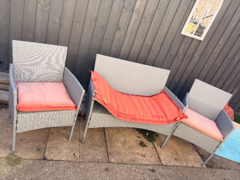 Grey Rattan Garden Furniture Set with Orange Cushions