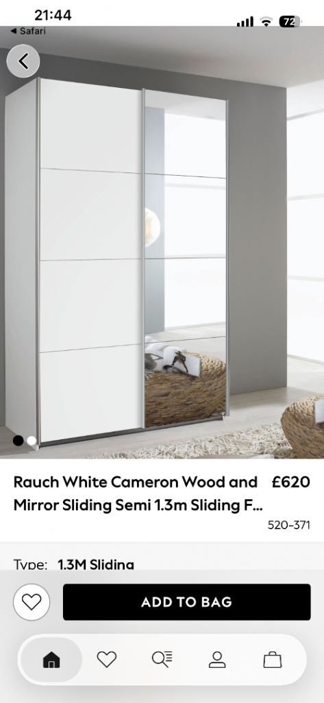 Next Cameron white and mirror sliding door wardrobe 1.36m 