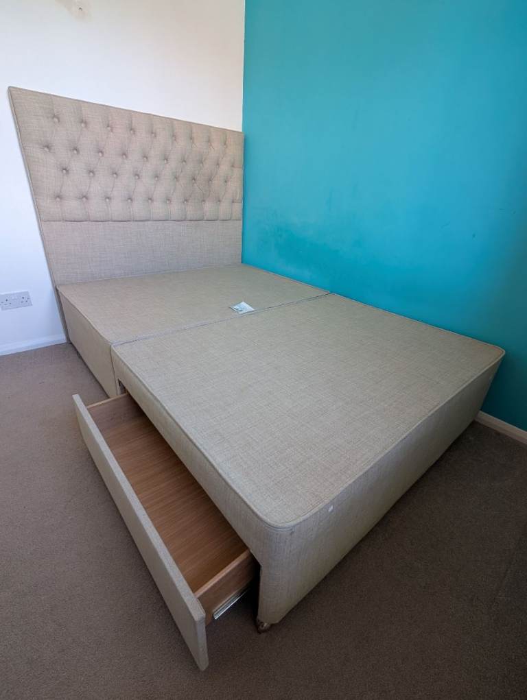 Double Divan Bed Base with Tufted Headboard & Storage