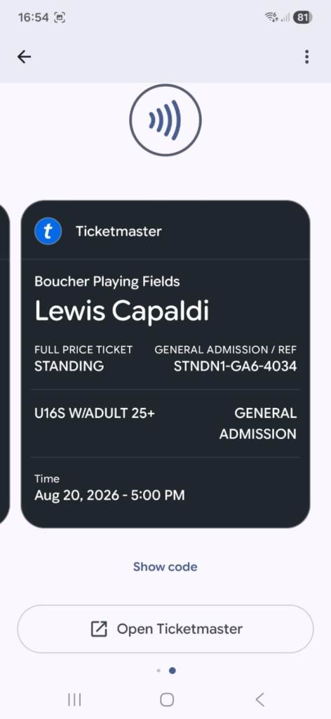  2 Lewis Capaldi Ticket - Boucher Playing Fields Aug 2026
