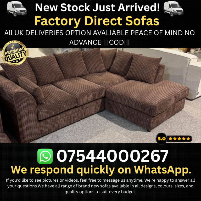 Factory Direct Corner Sofa – New, Corduroy Style Fabric