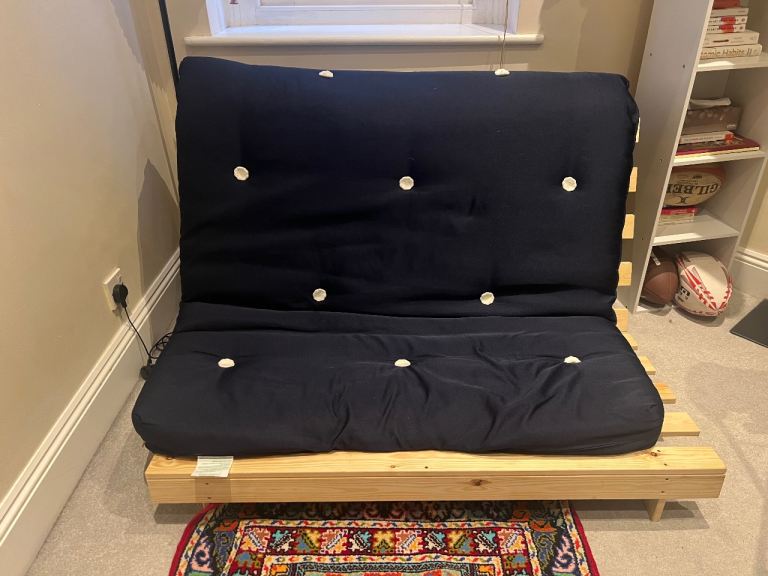 Wooden Futon Base with Navy Mattress - Great Condition