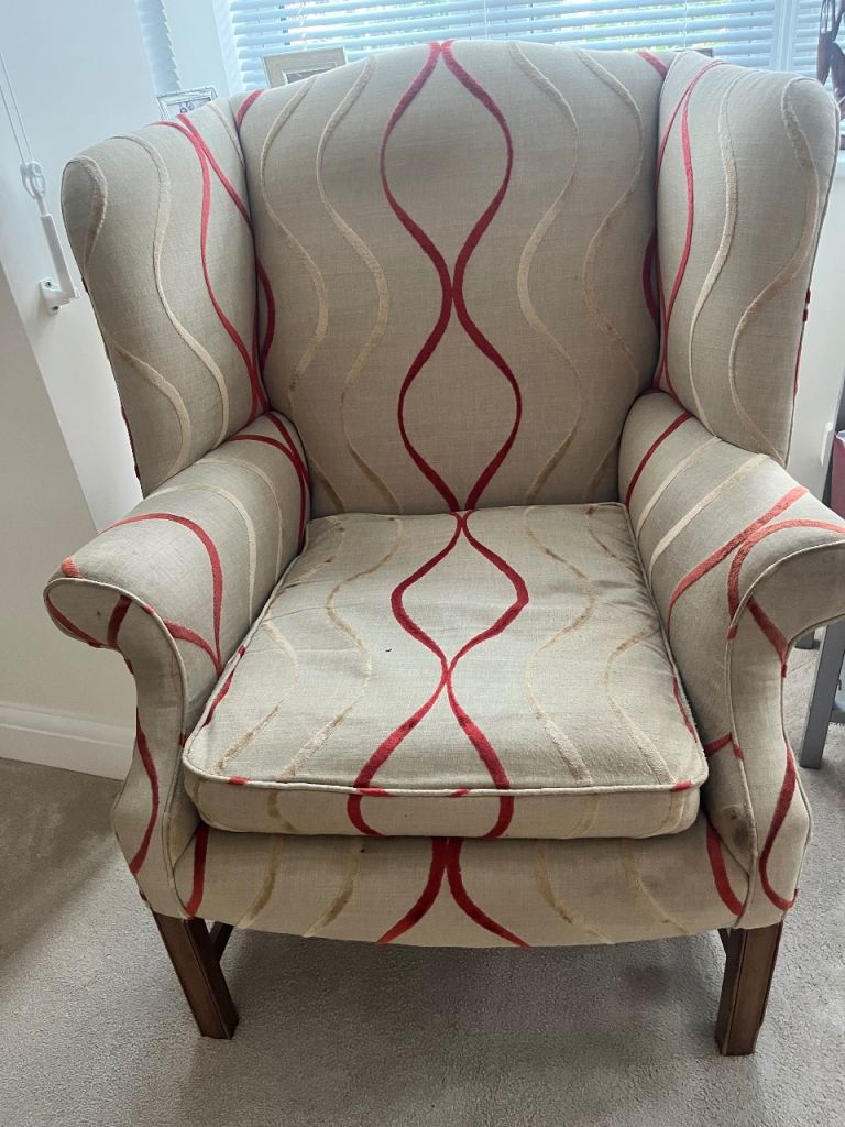 Wingback Armchair – Beige with Red Pattern, Good Condition