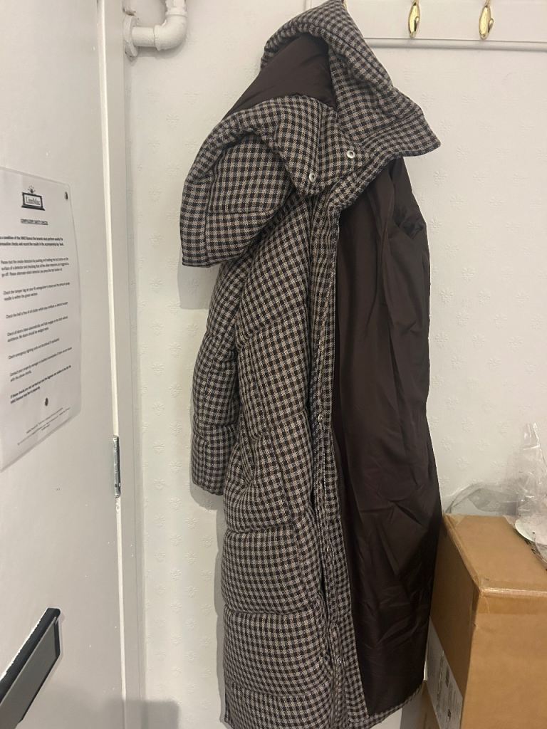 NEXT Brown Checkered Puffer Coat – Size S, As Good As New