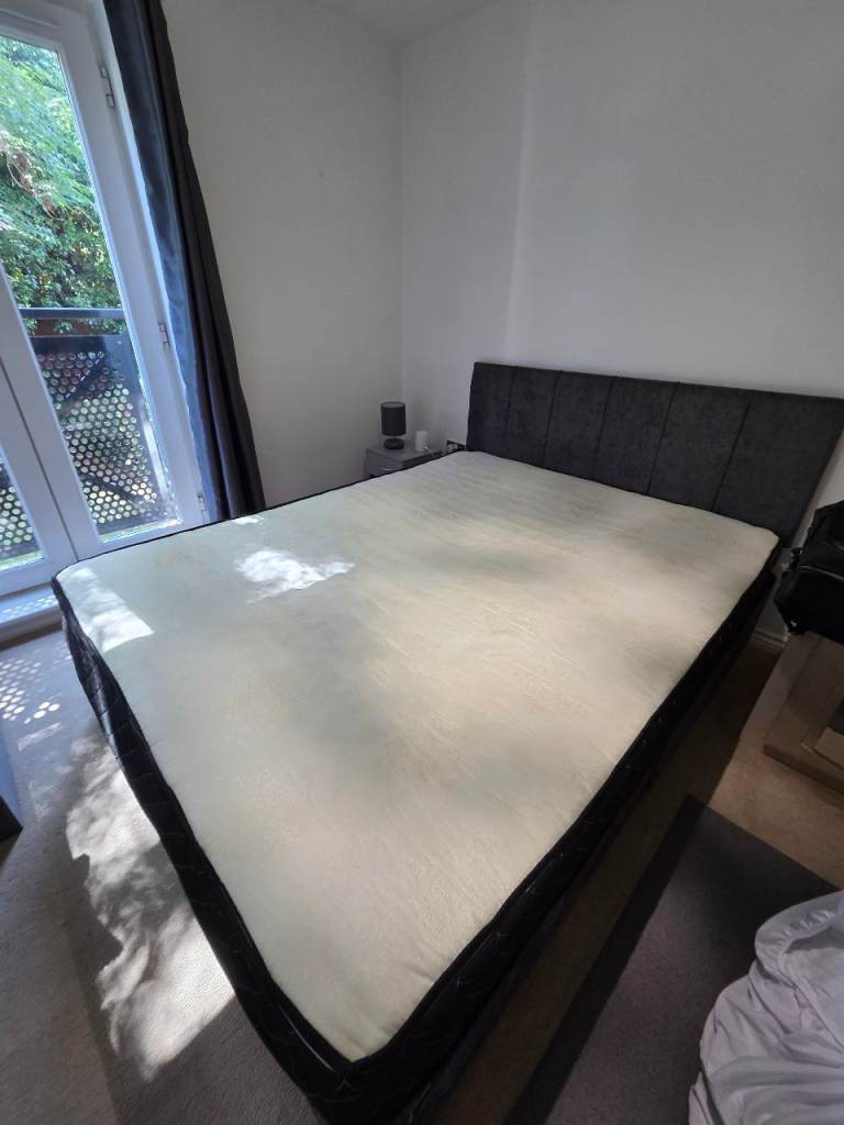 Double Bed Frame with Grey Fabric Headboard – Good Condition