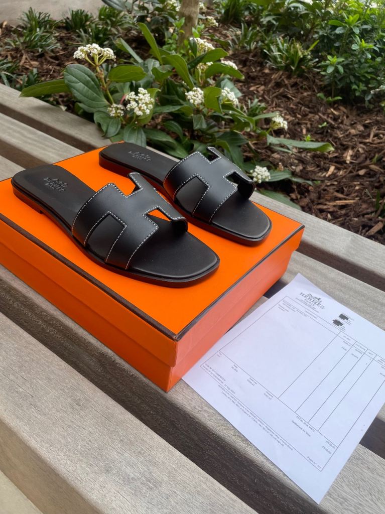 Hermes Black Oran Sandals Slides Size 4  Uk Size 37