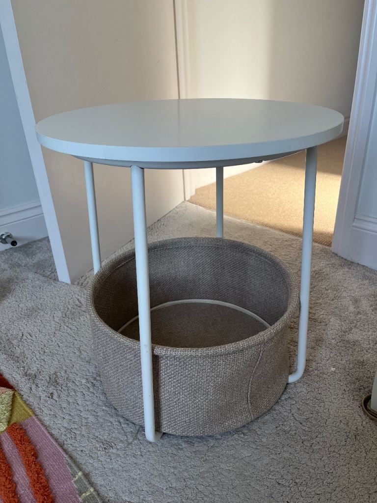 Small White Round Side Table with Storage Basket