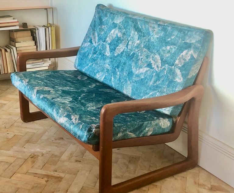 Vintage mid century teal sleigh sofa