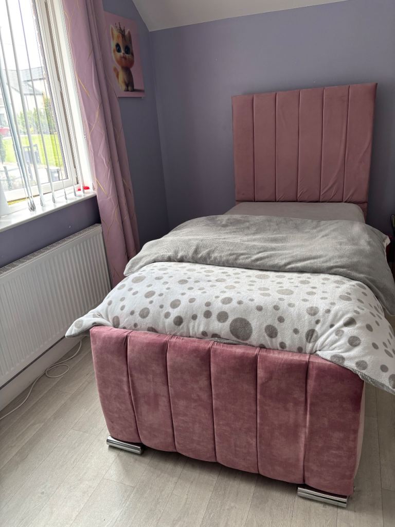 Pink plush Bed Frame with Mattress – Good Condition
