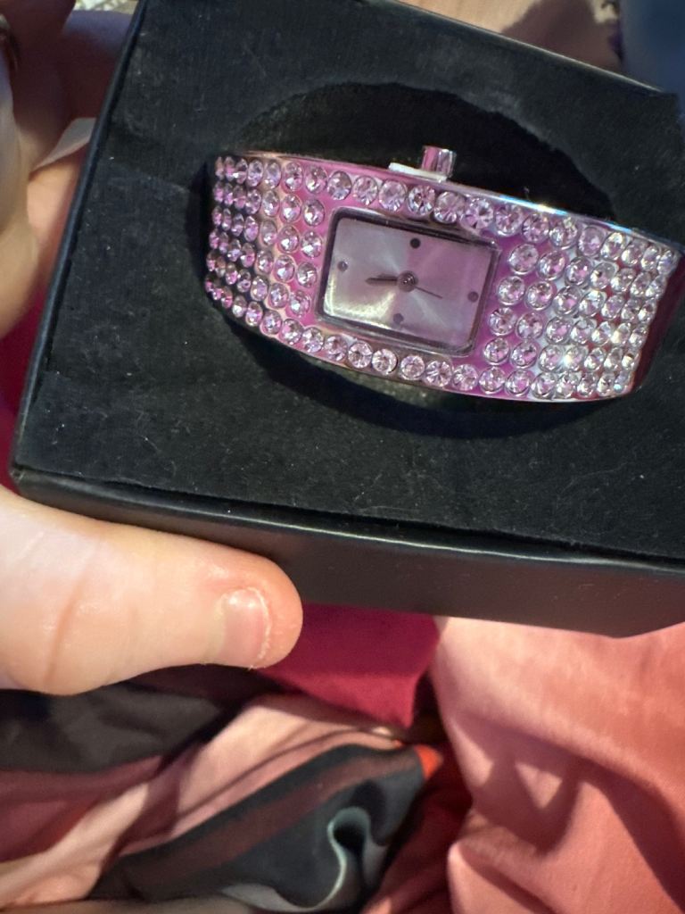 Avon pink rhinestone bangle cuff watch In great condition n in box 