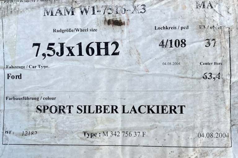 Set of Four Size 7.5Jx16H2 MAM Alloy Wheels for most Ford 4 stud vehicles with 63.4 dia hub spigot