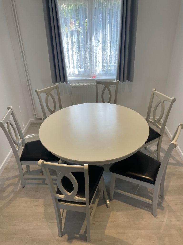 Round Dining Table with 6 Chairs - White Wood, Good Condition