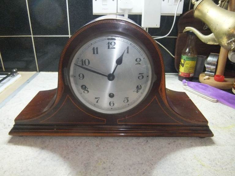 Vintage Inlaid Wooden Westminster Chime Large Napoleon Hat Mantel Clock