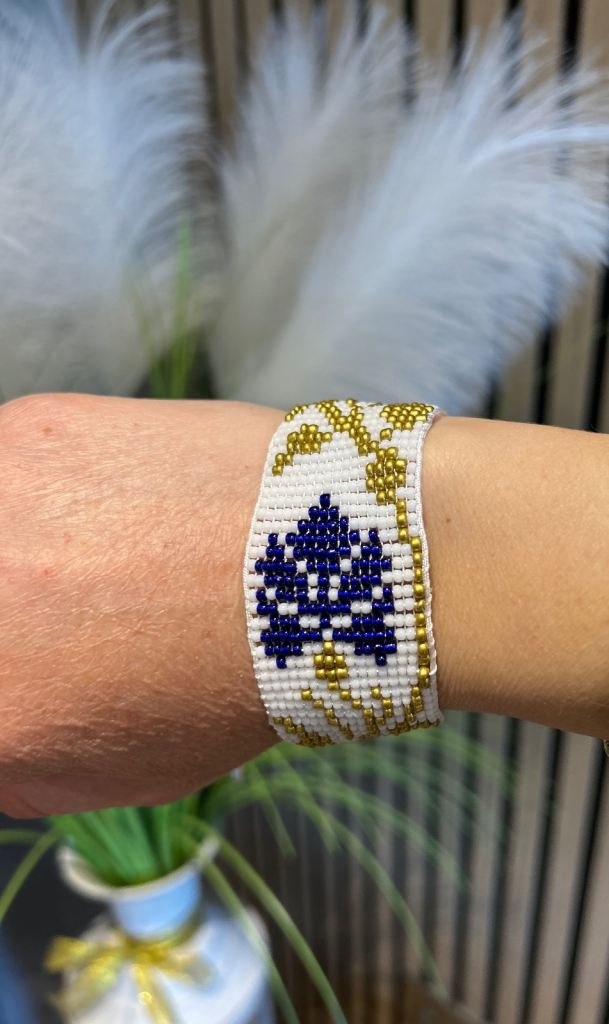 Handmade Beaded Bracelet – Blue & Gold Geometric Design | Elegant Statement Jewelry | Gift for Her