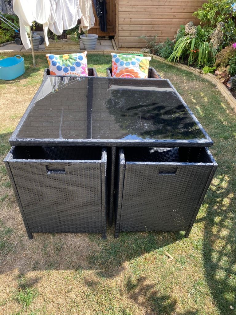 Black Rattan Garden Dining Set with Glass Top Table and Cushions