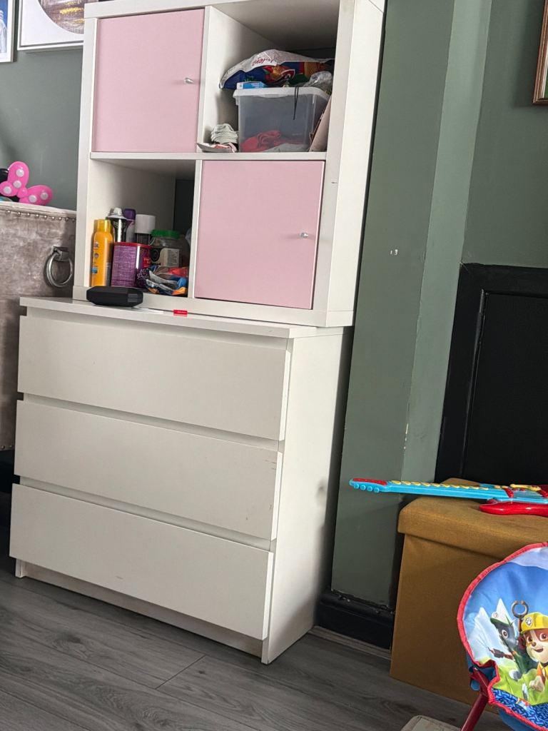 White Chest of Drawers with Pink Cube Storage Unit