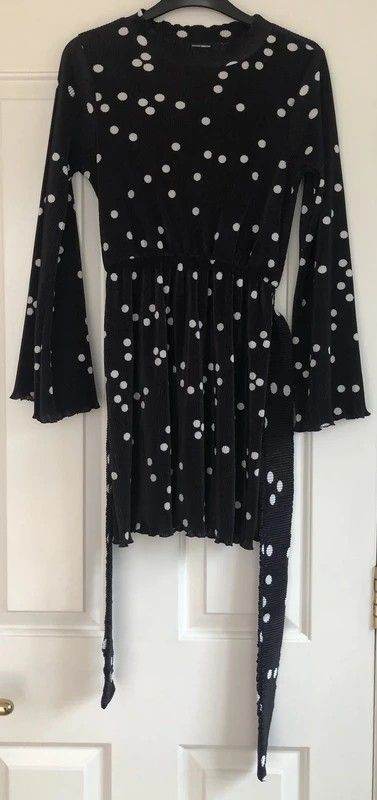 Asos high necked mini dress black with white spots UK 6 VGC