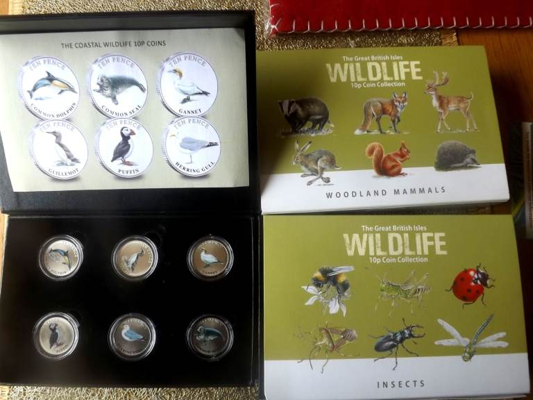 Collectable 3 sets of 6 British Wildlife coloured 10p coins, boxed with COA in excellent condition