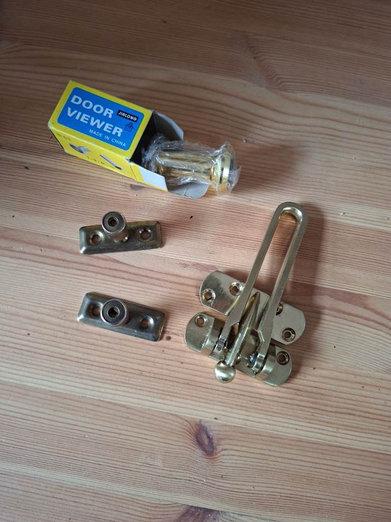 Brass Door Security Latch and Door Viewer and 2 window bolts- As Good As New