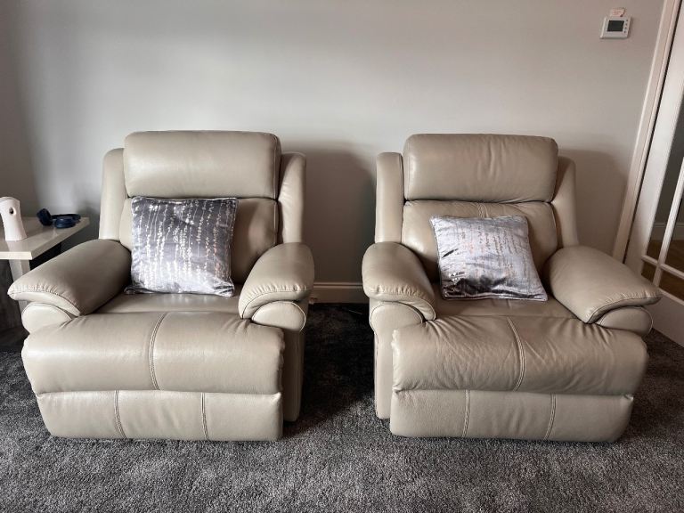2 x grey soft Italian leather fully electric recliner chairs