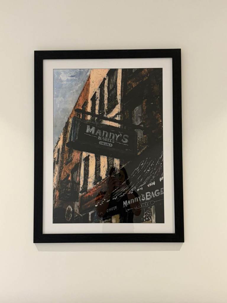 Framed Street Scene Art Print – “Manny’s Bagels” – Great Condition
