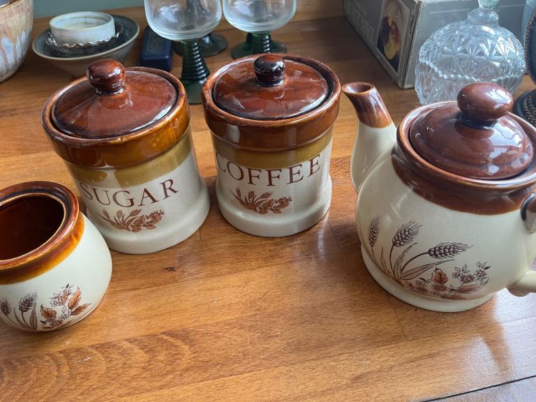 Vintage Ceramic Coffee, Sugar Canisters and Teapot Set