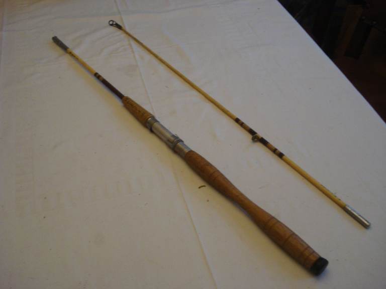 Vintage Fishing Rod, 2 piece, Fibreglass with Wood Handle, about 1.7m long.