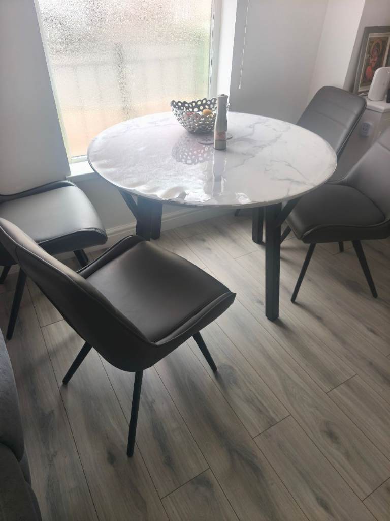 Round Marble Effect Dining Table with 4 Grey Chairs