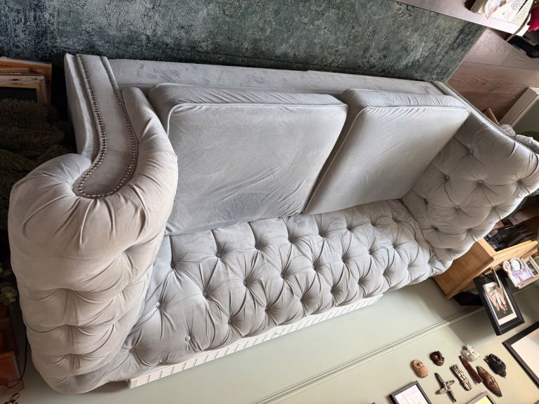 FREE Fair Condition Grey Velvet Chesterfield Sofa