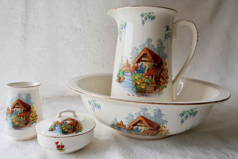 Rare Vintage Falcon Ware “The Old Mill” Wash Stand Set - genuine 1940s