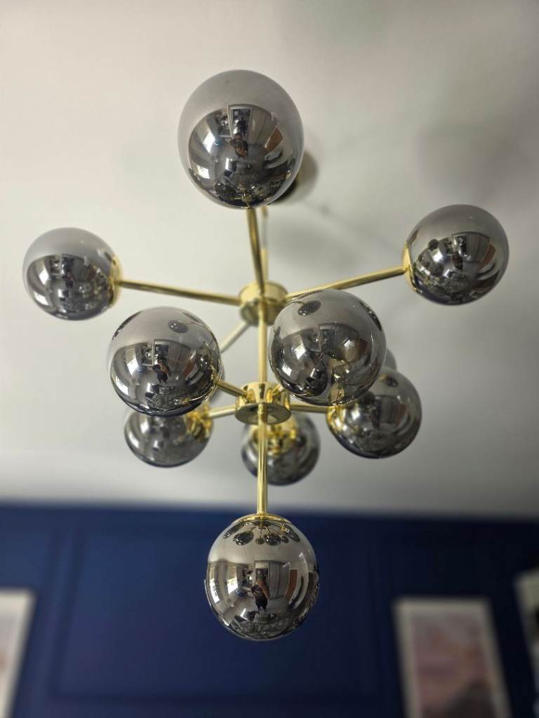 Globe Pendant Chandelier Extra Large in Brass and Smoked Glass REDUCED