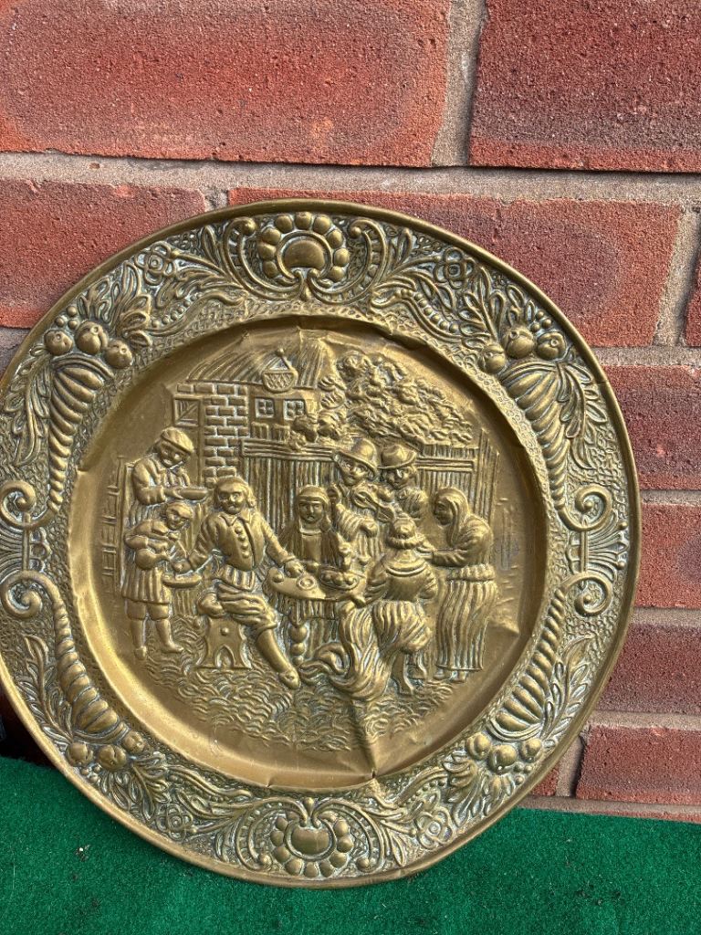 Vintage Brass Wall Plate - Embossed Scene