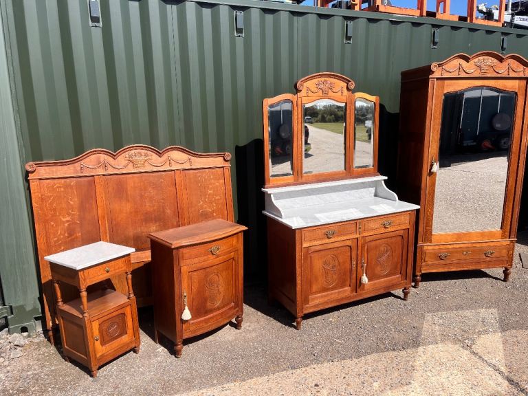 Antique French Bedroom Suite Wardrobe Marble Washstand Bedside Headboard