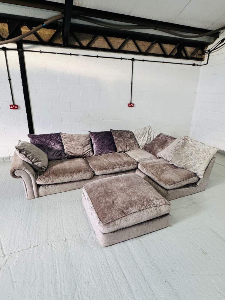 Crushed velvet corner sofa with footstool (comfortable, excellent condition)