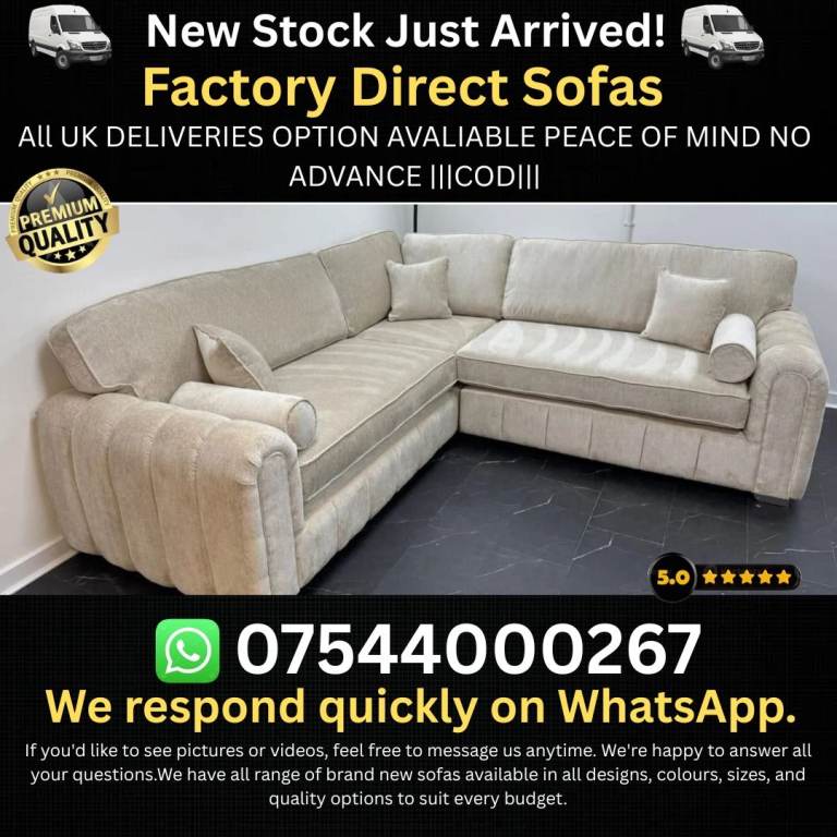 Brand New Corner Sofa - Beige Fabric, Factory Direct
