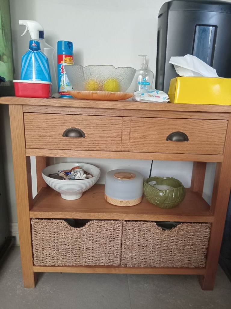Solid Wood Console Table with Drawers and Wicker Baskets