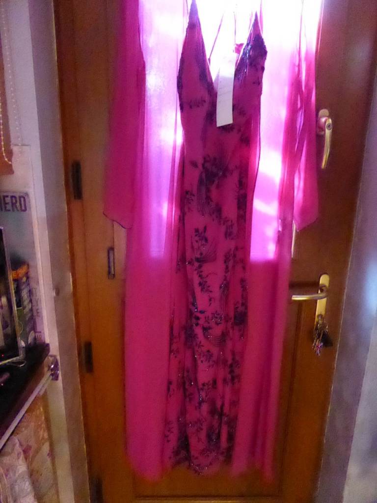 Fuscia Full Length Evening Dress with Black Beading and plain Full Length Jacket Size 14/16