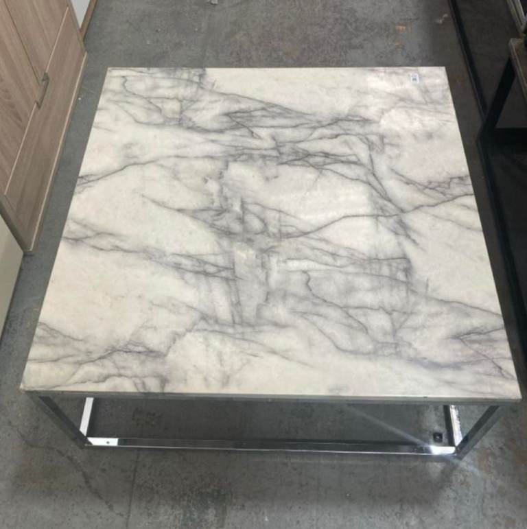 JULIAN BOWEN SQUARE COFFEE TABLE WITH MARBLE EFFECT TOP AND CHROME METAL BASE
