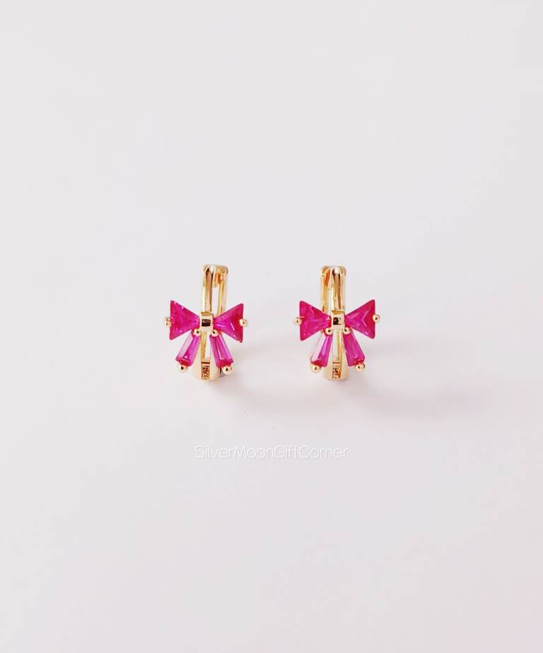 14K Gold Plated Mini Bow Hoop Earrings with Ruby CZ Dainty Minimalist Hoops her
