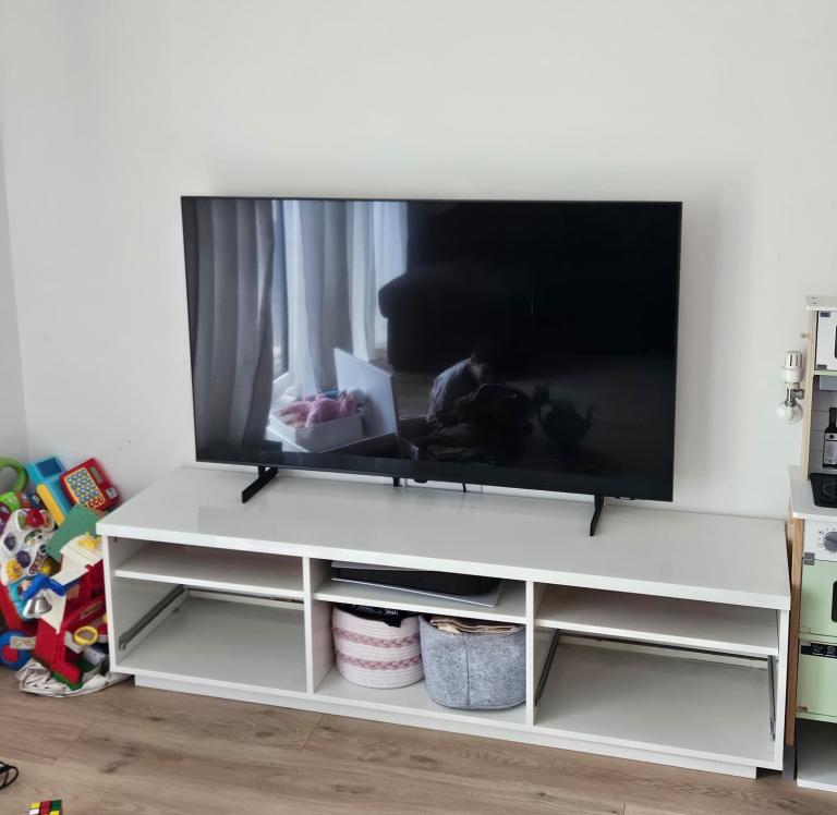 White TV Stand with Storage Shelves – Good Condition