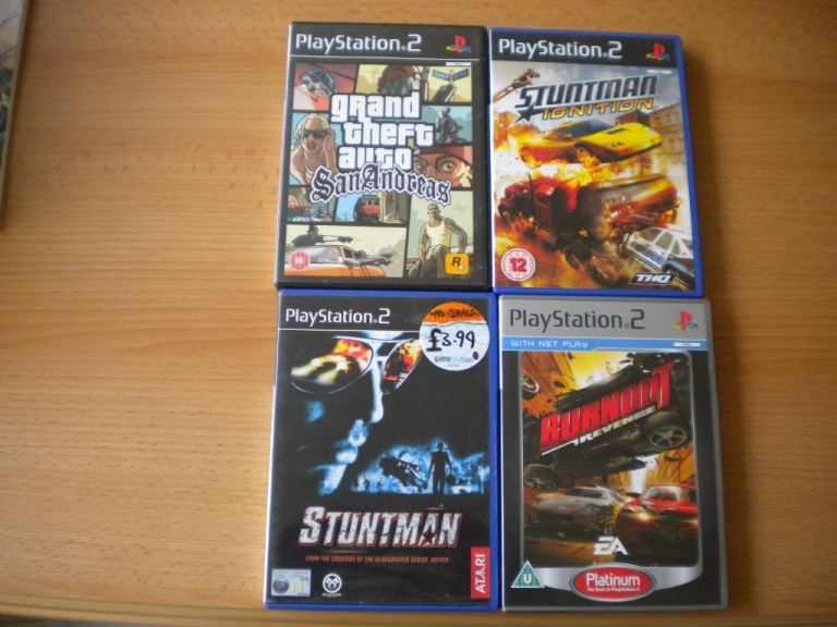 PS2  GAMES GRAND THEFT AUTO SAN ANREAS.  BURNOUT REVENGE .STUNTMAN IGNITION. STUNTMAN
