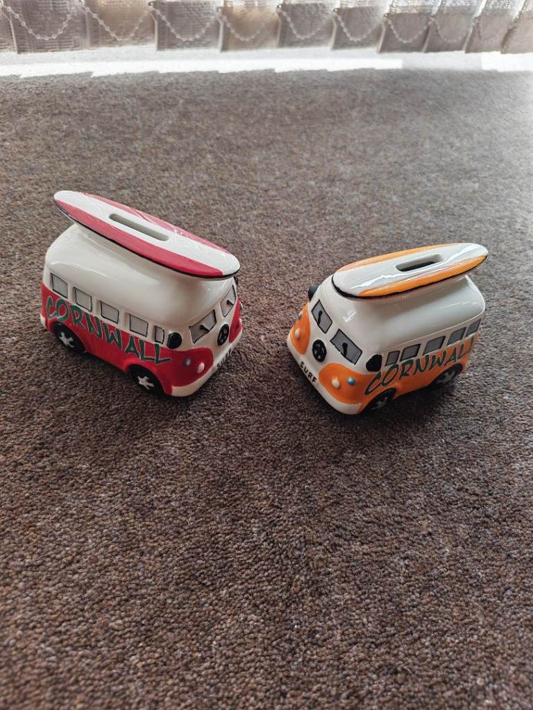 Pair of VW Camper Van Money Boxes - Cornwall Design. 