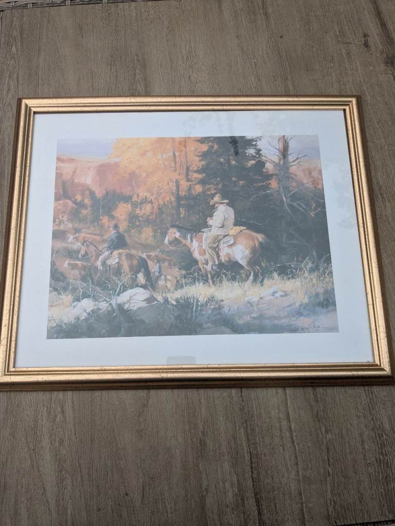 Framed Western Print with Gold Frame – Good Condition