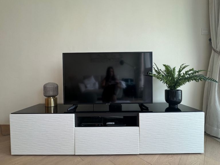 Bespoke Glass top Ikea Besta TV unit Black and White/Cream Hardly Used